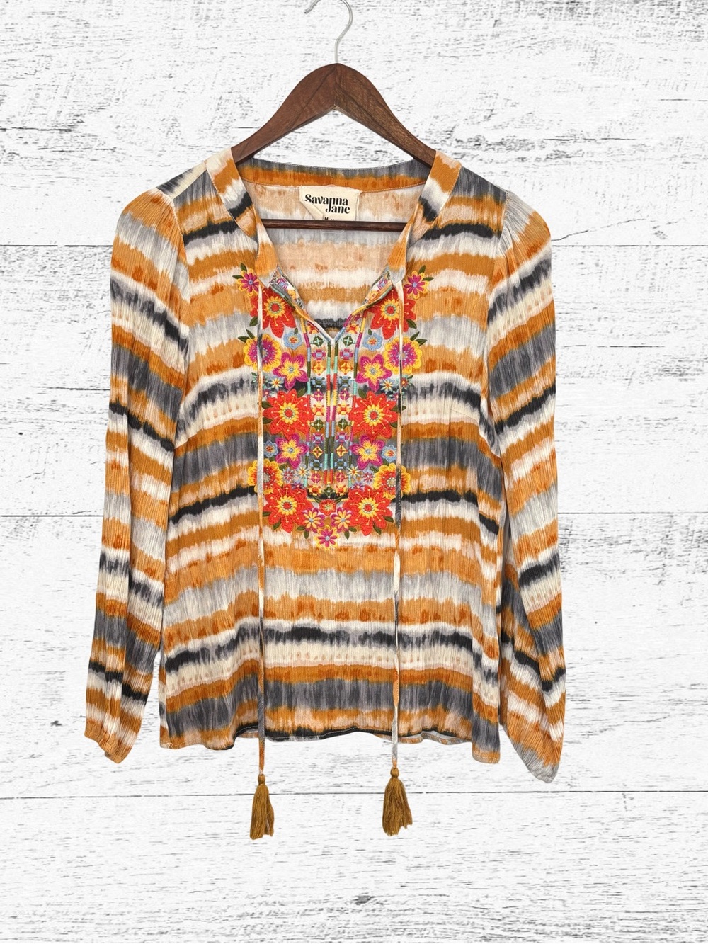 Savanna Jane Orange, Gray & White Striped Embroidered Peasant Tunic